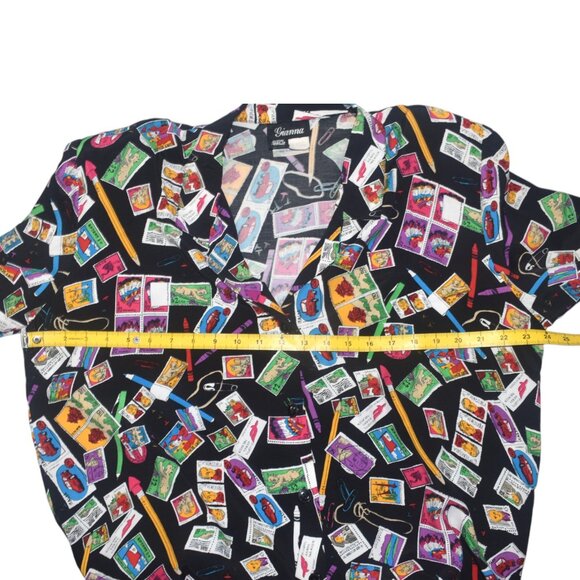 Vintage Early 90s Rayon Postage Stamp Print Blouse Shirt Novelty Print L - Picture 5 of 8